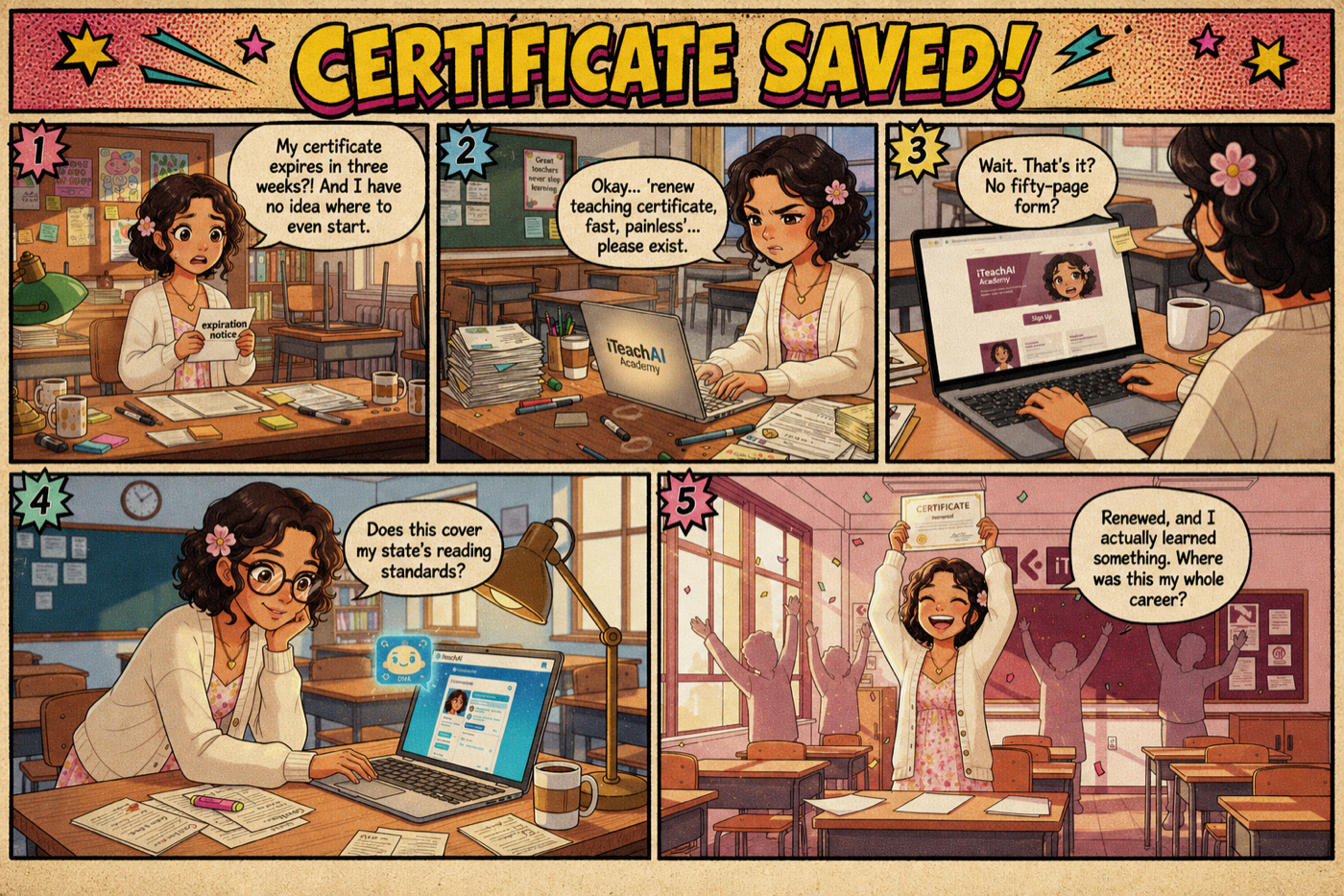Certificate Saved: a teacher renews her expiring teaching certificate with iTeachAI Academy, fast and painless, and actually learns something.