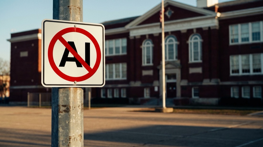 A regulation prohibition sign outside an American public school with a red circle and slash struck through the letters A and I.