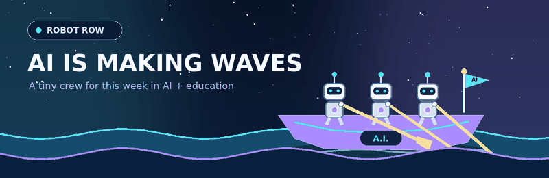 Three friendly AI robots rowing together across glowing digital waves